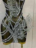 Sparkly Silver Diamonds 3D Butterfly Mesh See Through Mini Dress Women Eveing Party Birthday Bar Nightclub Sexy Stage Costumes