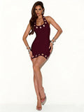 Metal Ring Hollow Decoration Dress Woman Halter Low-Neck Backless Skinny Peach Hip Midnight Sexy Fashion Mini Bodycon