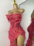 Luxury Diamonds Mesh See Through High Slit Strapless Evening Party Dress Women Sexy Birthday Gowns Nightclub Singer Stage Wear