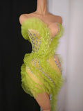 Luxury Green Sheer Mesh Ruffle Dress Neck Crystal Rhinestone Trim Cut Out Slim Fit Evening Wedding Guest Cocktail Party Dress