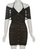 Y2K Mesh Halter Dress Women Sexy Ruched Patchwork Pleat Lace-Up V-Neck Button Elegant Peach Hip Stretch Slim Bodycon