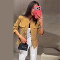 Vintage Waist Cinched Women's Suede Jacket Stand Collar Long Sleeve Single Breasted MilitaryJackets 2026 Autumn Lady Chic Coats