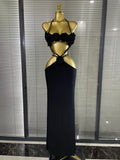 New Style Women Sexy Halter Florals Golden Sequined Bodycon Long Bandage Dress Nightclub Party Celebrate Vacation Birthday Wear