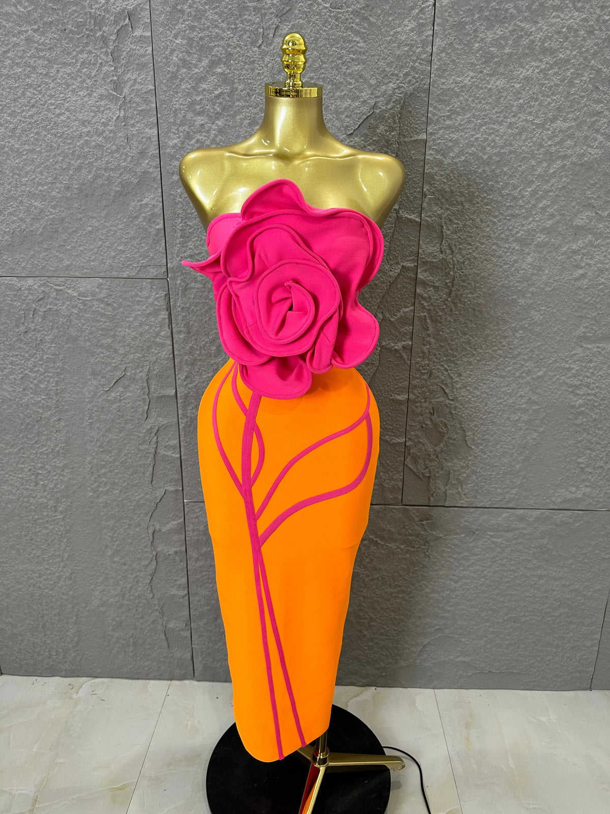 Elegant Orange Pink Strapless Bodycon Midi Dress Women Sexy 3D Floral Applique Outfit Date Night Party Costume