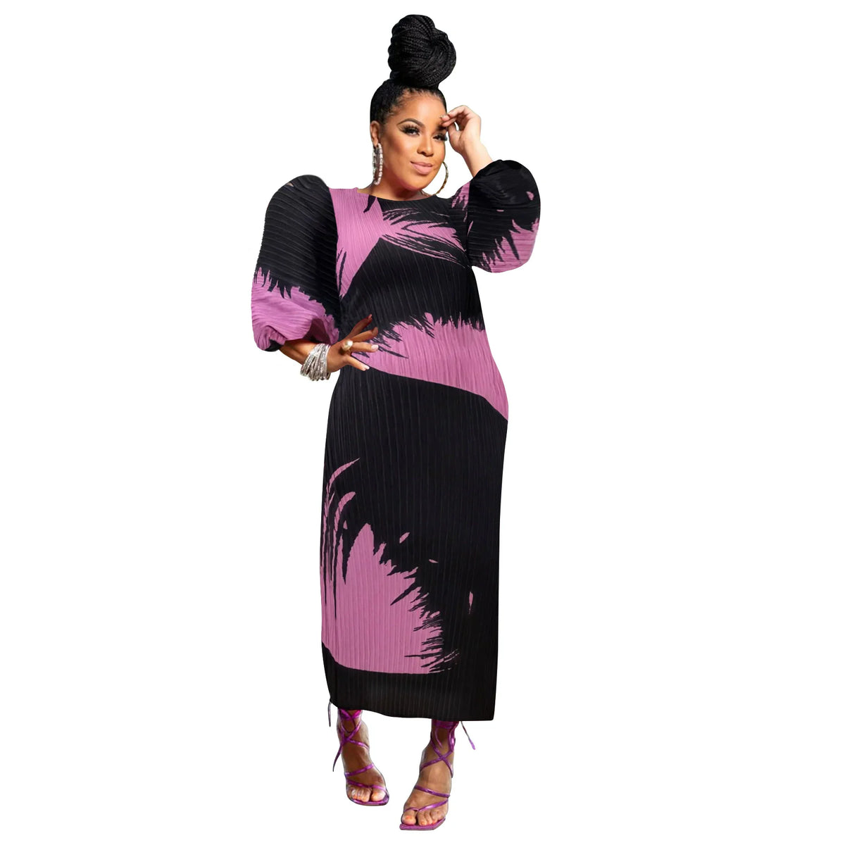 Elegant Women Pleated Half Lantern Sleeve O-neck Slim Maxi Long Dress Print Fashion Autumn 2024 Ruched Dresses Vestidos