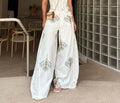 White Floral Print Two Piece Set Spaghetti Strap Ruffle Corset Top Strap Wide Leg Pants 2026 Summer Street Casual Women Outfit