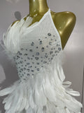Luxury Rhinestone Sexy Halter Feather White Mini Dress Celebrate Evening Party Birthday Dress Stage Performance Dance Costume
