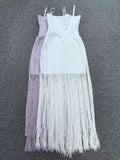 Fashion Sweetheart Spaghetti Strap Maxi Dress for Women Solid Fringe Floor Length Bodycon Back Zipper for Evening Party Club