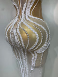 Women Luxury White Pearl Sequines Mesh Transparent Long Dress Club Elegant Evening Party Dress Birthday Photoshoot Clothing