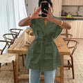Summer Sleeveless Work Shirt Multi-Pocket Belted Loose Top For Women Lapel Collar Button Fashion Solid Color Cardigan Top