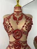 Sparkly Red Rhinestones Women Sexy Mesh See Through High Stretch Bodysuit Nightclub Performance Dance Costume Singer Stage Wear