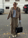 Leopard Print Faux Fur Short Jacket For Women Crew Neck Button Front Plush Thick Warm Loose Trendy New Lady Streetwear Outer Top
