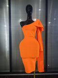 Orange Color Women Long Sleeve One Shoulder Big Bow Bodycon Midi Bandage Dress Elegant Evening Party Birthday Cocktail Wear