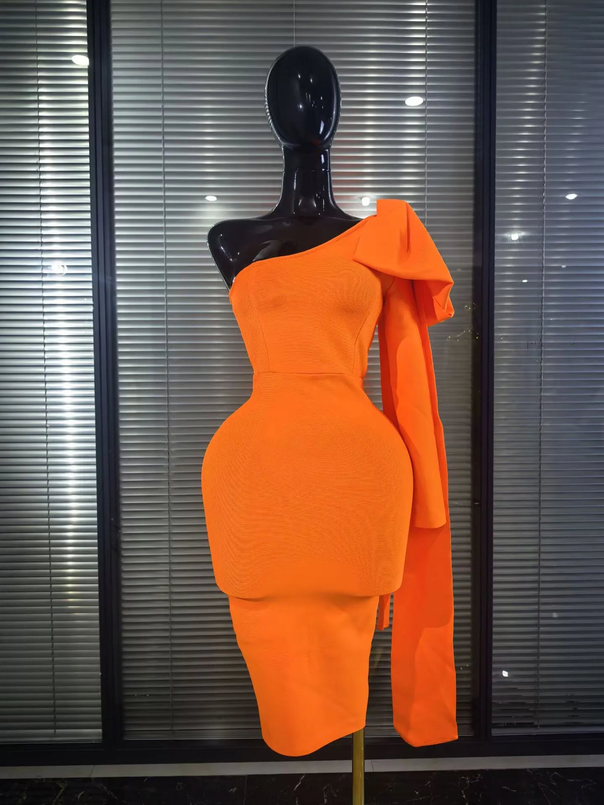 Orange Color Women Long Sleeve One Shoulder Big Bow Bodycon Midi Bandage Dress Elegant Evening Party Birthday Cocktail Wear