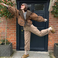 Women's Brown patchwork Hooded Jacket With Faux Fur Lining Fashion Horn Button Bomber Coat Lady Winter Casual Outerwear