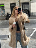 Women Shaggy Faux Fur Patchwork Mid Length Coat Lapel Open Front Long Sleeve Vintage Coats Elegant Winter Warm Outerwear 2026
