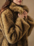 Luxury Patchwork Imitation Fur Mid Length Coat for Women Lapel Long Sleeve Spliced Pocket Loose Winter Coats Female