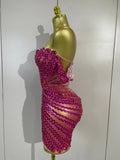 Women Sparkly Rhinestones Sequins Birthday Party Nightclub Dancer Stage PhotoShoot Costume Sexy Off The Shoulder Mesh Mini Dress
