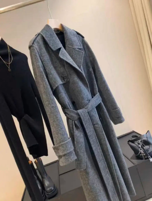 Original Grey Women's New Style Wool Blend Woolen Coat with Belt, Double-sided Fleece Long Woolen Coat