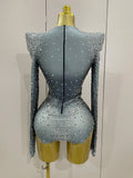 Sparkle Silver Rhinestones Long Sleeve Stretch Bodysuits 2025 New Women Evening Luxury Birthday Party Sexy Nightclub Stage Costu