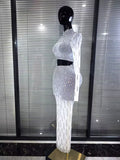 Sparkly Rhinestones Women Long Sleeve Mesh See Through 2 Pieces Bodycon Long Dress Nightclub Party Birthday Celebrate Outfit