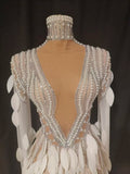Women Elegant Sparkly Diamond Pearls Leaf Long Sleeves Mesh Sheer Maxi Dress Eveing Birthday Party Sexy Nightclub Stage Costume