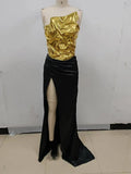 New Fashion Gold Color Laced-up Tops 2 Pieces Bodycon Floor-length Dress Elegant Evening Party Celebrate Dress Vestido