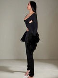 Cross Hollow Jumpsuit Women Sexy Fit Fur Patchwork Full Sleeve Workout Activity Streetwear Stretch Tight Overalls