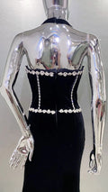 Women's Fashion Gloves Shiny Rhinestone Neck Waist Black Velvet Dress Celebrity Dinner Red Carpet Party Evening Performance Gown