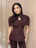 Women Chic Top 2 Piece Set Elegant Stand Collar Cape Sleeveless Slim Off Shoulder Slim Tops Suit Female Chic Casual Party Wear