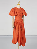 Solid Spliced Drawstring Folds Designer Maxi Dress for Women O Neck Puff Sleeve High Waist Elegant Party Dresses Female New