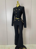 Golden Buttons Short Coat Top And Flare Pants  Bandage 2 Pieces Set Woman Celebrity Evening Party Vestidos