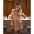 Shining Square Collar Ruffle Trim Fishbone Waist Cinched Short Dress Flare Sleeved Backless Lace Up Mini Dresses Elegant Gowns
