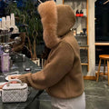 Women Hooded Knit Cardigan Sweater Coat Fluffy Faux Fur Collar Two Way Zip Solid  Loose Casual Jacket 2026 Autumn Winter