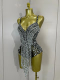 Sexy Sparkly Rhinestones Long Tassels Red Mesh Stretch Bodysuits Women Eveing Party Birthday Nightclub Performance Stage Costume