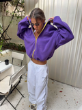 Casual Purple Fleece Jacket Womens Stand Collar Contrast Zip Loose Fit Pockets Coat Fall Winter Sporty Outdoor Streetwear Wear