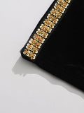 Black Velvet Holiday Celebrations Maxi Gown for Women O Neck Gold Trim Slim Jewel Accent High Slit Dresses for Luxury Dinner