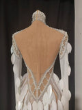 Women Elegant Sparkly Diamond Pearls Leaf Long Sleeves Mesh Sheer Maxi Dress Eveing Birthday Party Sexy Nightclub Stage Costume