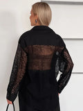 Office Spliced Back Sheer Hollow Blouse for Women Lapel Long Sleeve Patchwork Single Breasted Shirt Female 2026 New