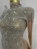 Sparkle Rhinestones Long Sleeve Gloves Stretch Bodysuits 2025 Women Evening Luxury Birthday Party Sexy Nightclub Stage Costumes