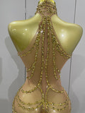 2026 Women Birthday Party Gown Stage Singer Performance Costume Luxury Sparkly Gold Rhinestone Sexy Transparent Mesh Long Dress