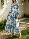 French Vacation Style Floral Print Dress for Women Tie Neck Waist Belt Asymmetrical Ruffle Hem Skirt for Outdoor Photoshoot
