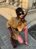 Camel Plaid Wool Blend Blazer Women Belted Waist Faux Fur Collar Vintage Shoulder Pads Coats Elegant Winter Outerwear Jackets