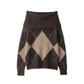 Women's Brown Beige Plaid Knitted Sweater Fashion Off Shoulder Patchwork Loose Blouse Lady Autumn Winter Casual Outerwear
