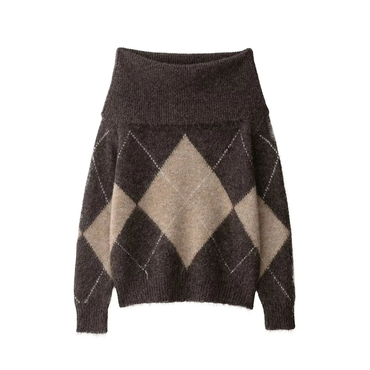 Women's Brown Beige Plaid Knitted Sweater Fashion Off Shoulder Patchwork Loose Blouse Lady Autumn Winter Casual Outerwear