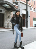Women's Motorcycle Leather PU Imitation Leather Loose Jacket Black Jacket