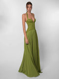 Elegant Women's Halter Long Dress Corset Maxi Pleated Dresses Summer Evening Party Bridesmaid Wedding Guest Gown