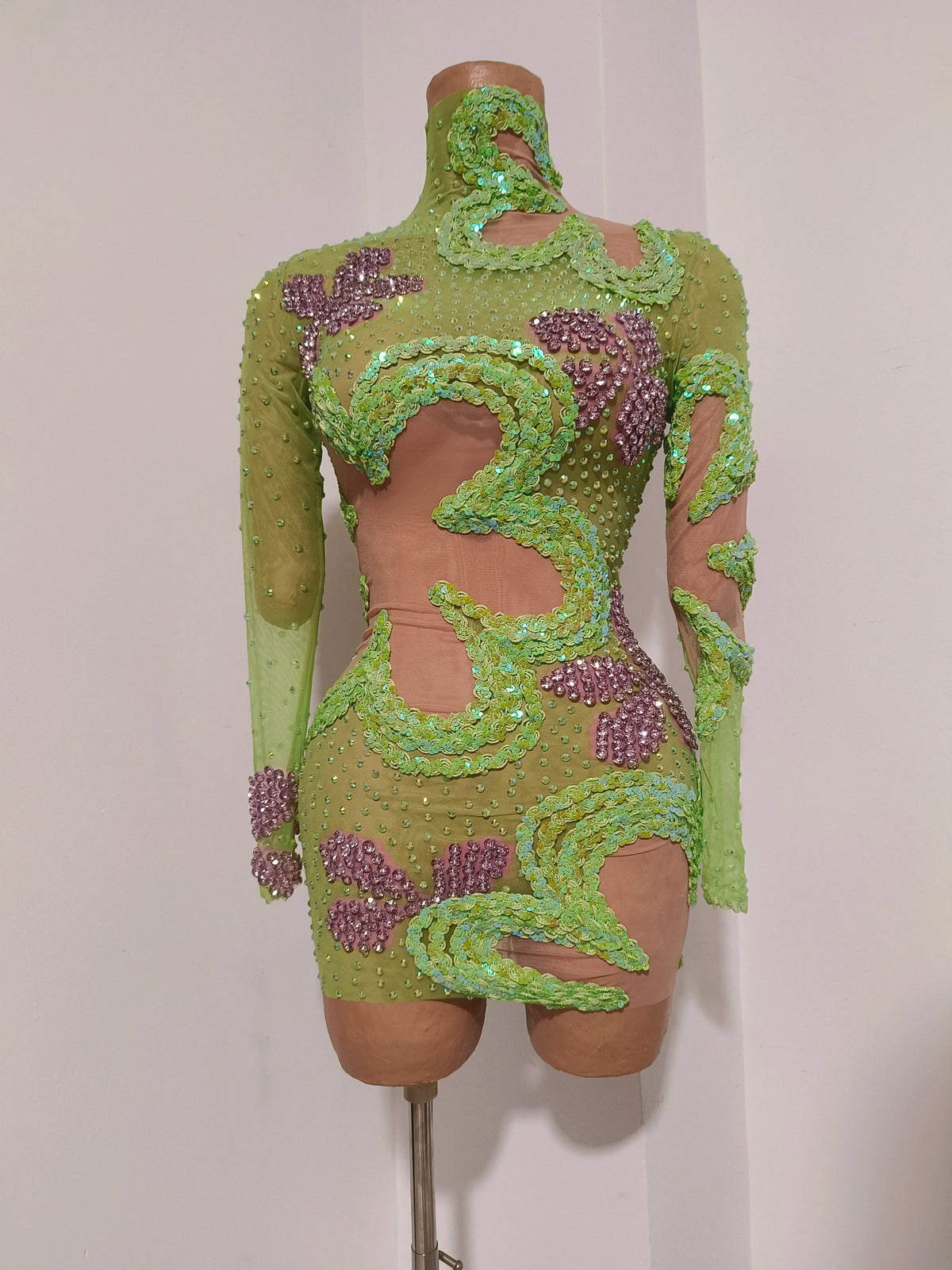 Sexy Sparkly Diamonds Sequin Long Sleeves Mesh Transparent Mini Dress Women Eveing Party Nightclub Bar Stage Phootshoot Outfits