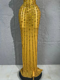 Sparkly Vertical Rhinestone Strapless Mesh Maxi Dress Bodycon Mermaid Long Gown Suitable Formal Birthday Pageant NightclubStage