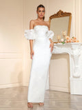 Women Sexy Strapless Diamond Maxi Long Bodycon Bandage Dress With Bubble Sleeves 2025 Elegant Evening Wedding Party Gowns